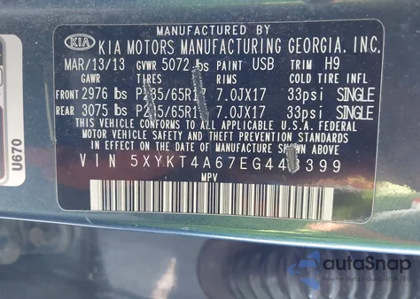 2014 Kia Sorento Lx z USA, uszkodzony, nr VIN 5XYKT4A67EG443399